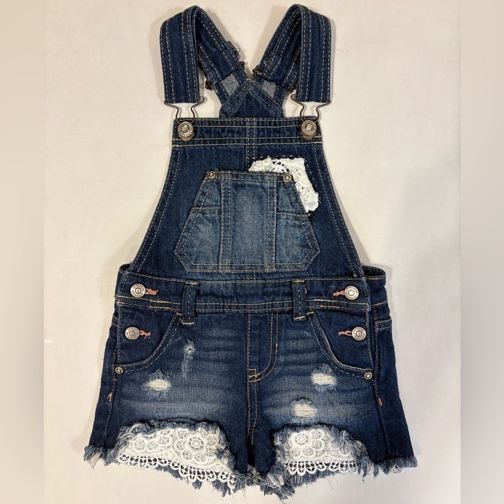 Jordache distressed denim short overalls lace accent frayed raw hem girls XS